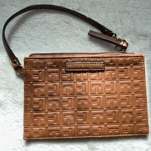 Tommy Hilfiger Brown Wristlet/ interior Navy Blue”T” 3D Branding /Pebble effect